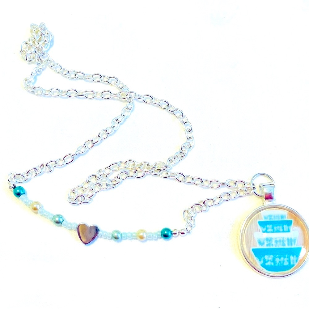 Vintage Pyrex Butterprint Silver and Teal Pendant Necklace